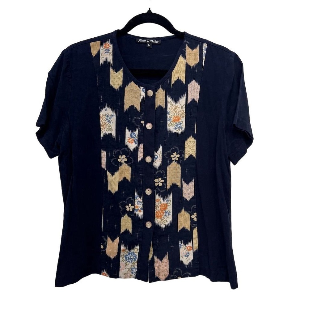 Aimee D Petites Sz M Blue Floral Print Short Sleeve Asian Blouse Vintage